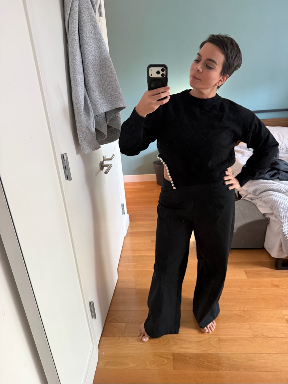 Zara Black Pearl-Accented Sweater and Wide-Leg Pants Set